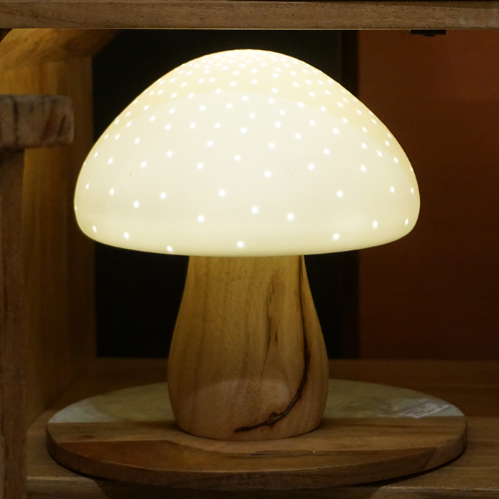 lampe champignon en bois et porcelaine Etxe Mia!