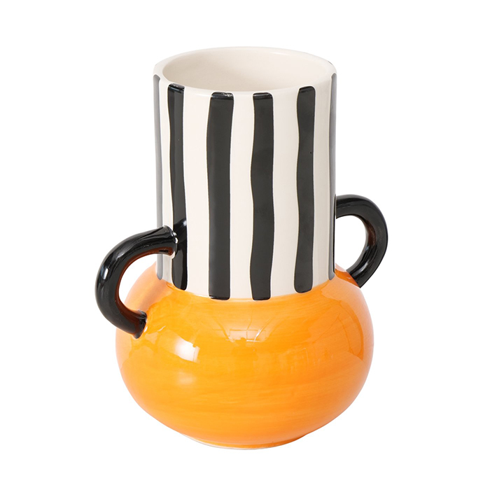 vase en céramique à anses rayé noir et blanc et fond orange Etxe Mia!