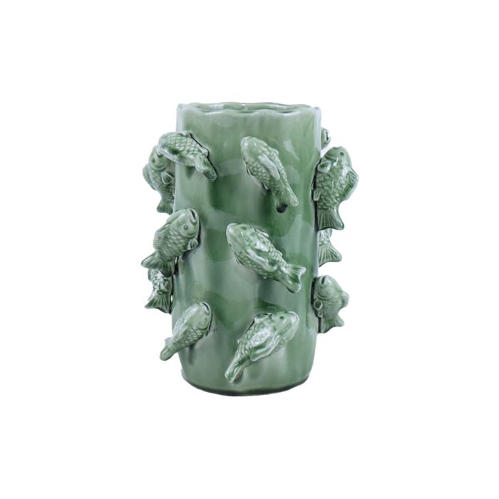 vase en céramique vert décoré de petits poissons en relief Etxe mia!