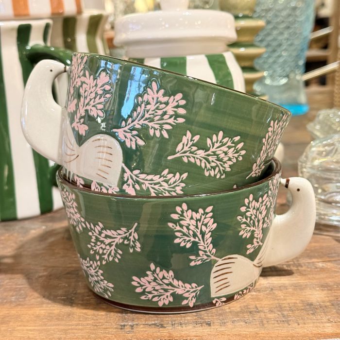 bols en grès vert anse oiseau Etxe Mia!